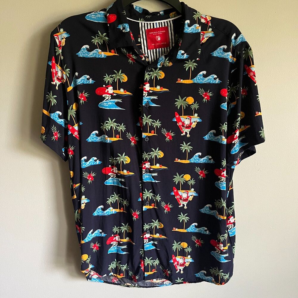 Denim & Flower Ricky Singh Surfing Santa Hawaiian Shirt Men's L Christmas Black
